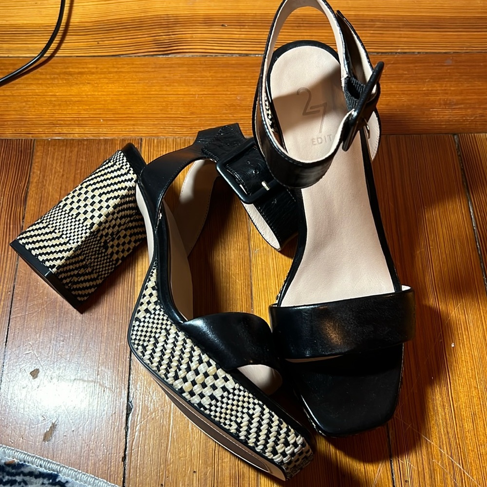 27 edit black leather raffia platform ankle strap sandals